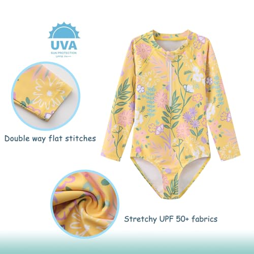 Image of Girls One Piece Swimsuits Long Sleeve Rash Guard for Kids Girls Hawaiian Swim Shirts UPF 50+ Sun Protection