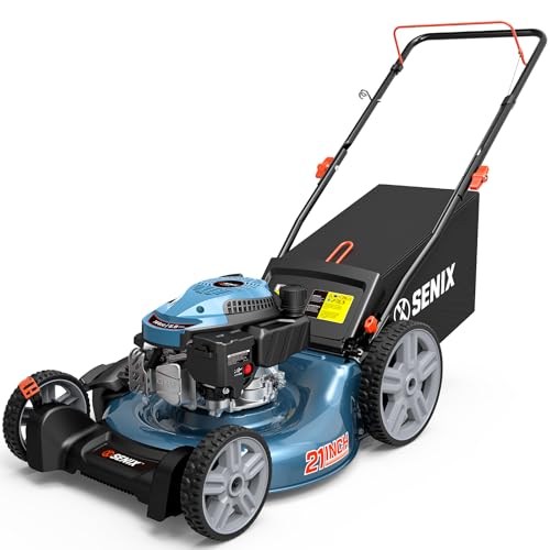 SENIX 21'' Gas Lawn Mower - Push, 144 cc 4-Cycle Engine, 3.4 HP, 3-in-1 (Bagging/Mulching/Side Discharge), 6-Position Cutting Height Adjustment, 1.7 Bushels Grass Bag, for 1/3 Acre Yard