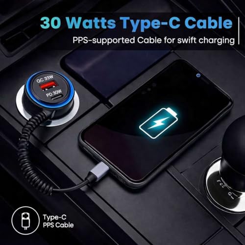 Image of 93W Fast Turbo Car Charger with Built-in Type-C Coiled Cable, Dual Port (USB-A + USB-C) High-Speed Charging Adapter for Car, Truck & SUV
