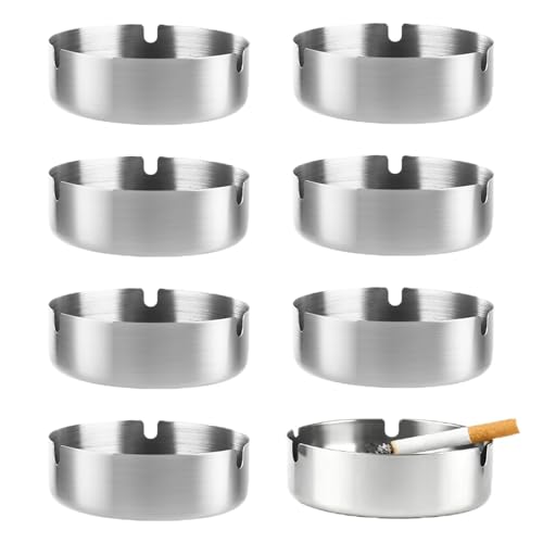 AKOLAFE Posacenere Rotondo in Acciaio Inox 8cm Set 8 Pezzi Impermeabile per Bar, Ristorante, Salotto con 3 Scanalature (Argento)