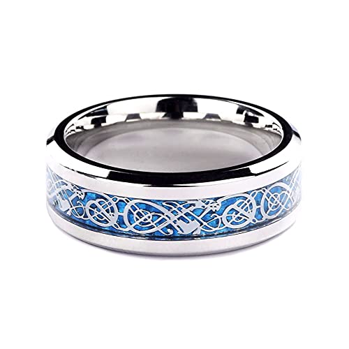 1 Pack Titanium Steel Sliver and Blue Celtic Dragon Wedding Band Ring for Mens and Womens 8MM Width Size 12