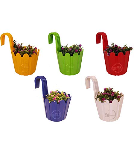 OSHIGREENS Fence Hanging Flower Pot Balcony Railing Planter Best Design Outdoor Gardening Plant Container Set - Multicolor