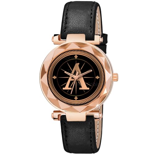 Gadgets World Analog Round Black Dial Alphabet A Design Stylish Black Leather Strap Classic Design Fancy Wrist Watch for Women and Girls, Pack of 1 - Alpha-A-GEN-RG-BLK-L