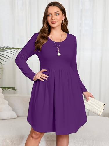 Image of AusLook Women's Plus Size Long Sleeve Midi Dress Casual Empire Waist Loose Flowy Dresses A-Line Boho Long Dress with Pockets