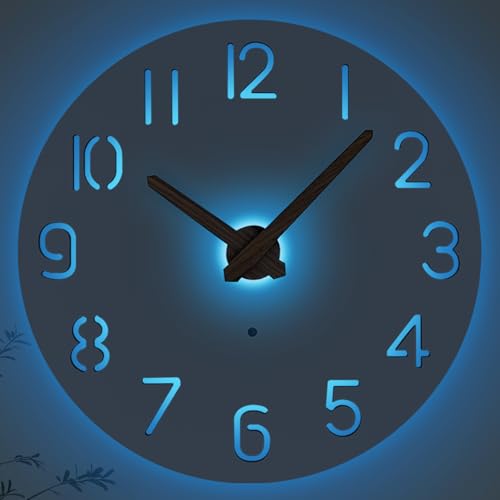 JoFomp LED Wooden Wall Clocks Battery Operated 8 Inch Silent Wall Clock Glow in Dark Sound Control Night Light Wall Clocks for Living Room Decor Light Up Wall Clock for Bedroom Hollow Design