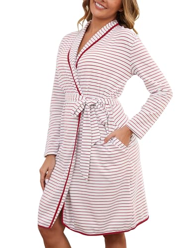 Image of Namatime Cotton Robes for Women Striped Long Sleeve Kimono Bath Robe Lightweight House Coat Bathrobe Loungewear with Pockets