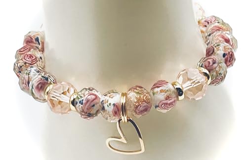 Handcrafted Women's White Glass Floral Bracelet, Lampwork Gold Sand Faceted Beaded Stretch Bracelet, Pink Rose Pattern with 18k Gold-Plated Accents and Open Heart Charm Fits most Wrists3