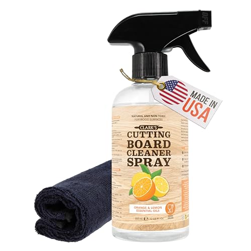 CLARK'S Natural Cutting Board Spray Cleaner, with Microfiber Cloth, for Wood Countertop – Pure Ingredients Filtered Water, Distilled Vinegar, Castile Soap, Lemon & Orange Citrus Oil Extracts