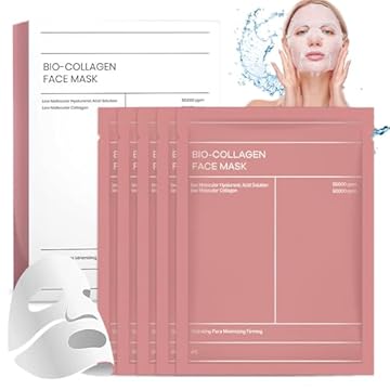 5 Pieces Collagen Face Mask, Bio Collagen Real Deep Mask, Maschera al Collagene, Moisturizing mask, Reduces Fine Lines and Wrinkles, Bright and Compact Skin for All Skin Types