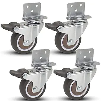 2 Inch L-Shape Plate Swivel Caster w/Brake, L-Clip Side Mount Install Plate for Narrow Place 50mm TPE Rubber Wheel Ball Bearing Furniture Castor Set, 4 Pack Load Capacity 190Lbs/87Kg