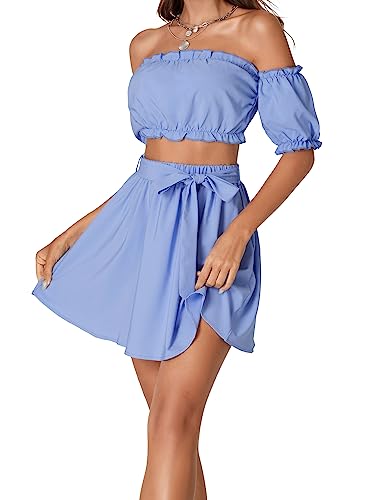 LYANER Women's 2 Piece Outfits Off Shoulder Strapless Ruched Puff Sleeve Crop Top and Mini Skirt Set3
