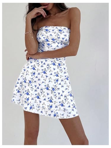 Floerns Vestido feminino boho floral sem alças tubinho franzido colado ao corpo minivestido, Azul e