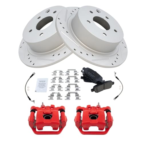 Image of TRQ Performance Rear Brake Pad and Rotor Set Ceramic Coated Drilled Slotted