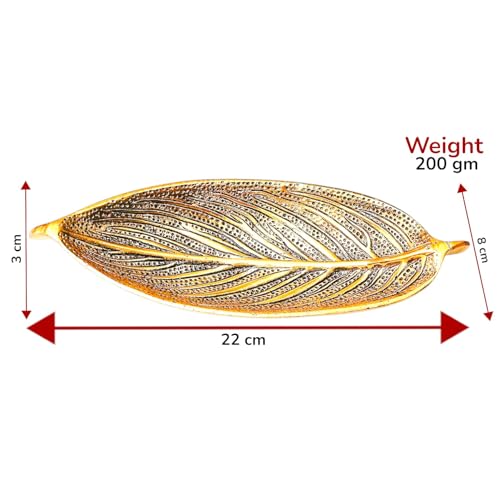 Image of KridayKraft Hand Crafted Metal Leaf Shape Tray with Collectible Art Perfect for Home Centre Table Serving Dry Fruits (Golden, Pack of 1)