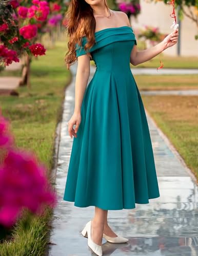 Image of ZESICA Summer 2026 Cocktail Dresses for Women's Off Shoulder Short Sleeve Swing A Line Wedding Evening Party Midi Dress