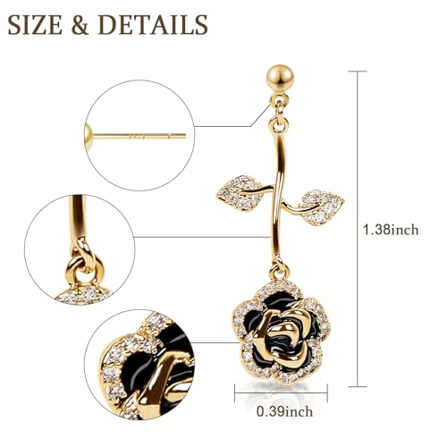 Black Rose Flower Dangle Earrings for Women, Copper plated in Gold with Sparkling Cubic Zirconia,S925 Sterling Silver post, lightweight fashionably Versatile drop earrings2
