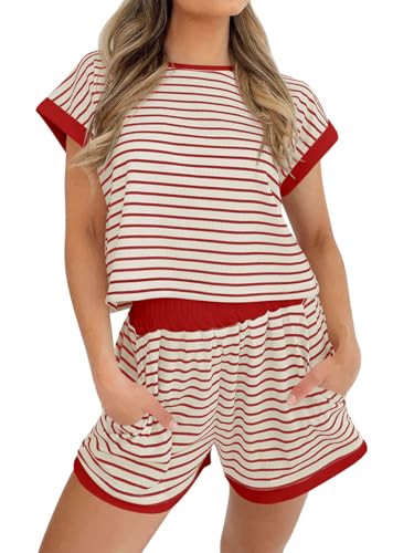 Tankaneo Womens 2 Piece Lounge Sets Striped Knit Short Sleeve Shirts and Shorts Sets Casual Summer Outfits Red