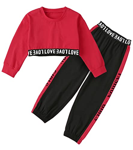 Betusline Girls Clothes Size 7 8, 2 Piece Long Sleeve Crop Top + Sport Pants Sweatsuit Clothing Set, Red Black, 7-8 Years = Tag 140