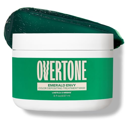 Image of OVERTONE Color Depositing Treatment Hair Mask, Emerald Envy, 8 oz | Semi Permenant & Nourishing Coloring Conditioner for All Hair Types, Contains Shea Butter & Coconut Oil, Vegan & Cruelty-Free