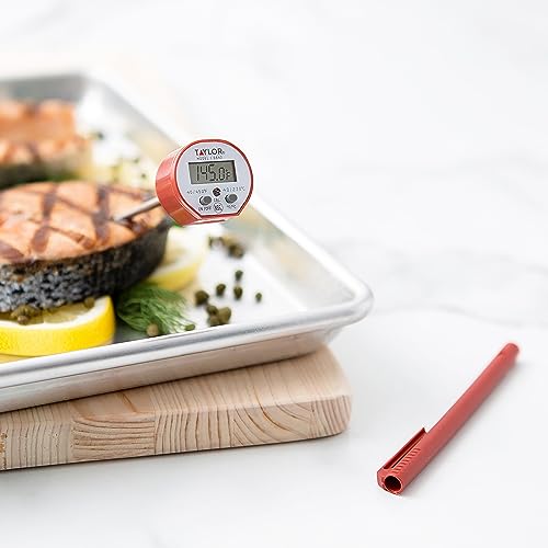 Image of Taylor Waterproof Digital Instant Read Thermometer For Cooking, BBQ, Grilling, Baking, And Meat, Comes With Pocket Sleeve Clip, Red