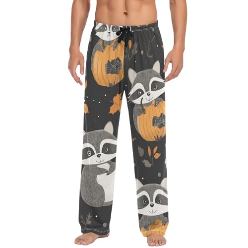 Halloween Raccoon Pumpkin Pajama Pants for Men Comfort Sleep Lounge Bottoms Straight-fit with Pockets S-XXL