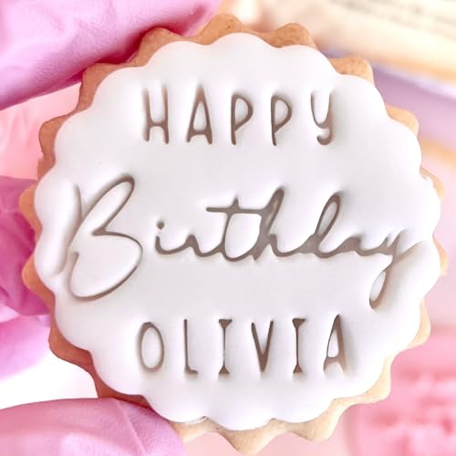 Customised Fondant Stamp Embosser, fits M&S Biscuits Cookies Happy Birthday Personalised to Any Name Reusable Cake Decorating Tool for Biscuits and Cookies Marks and Spencers with Free Cutter