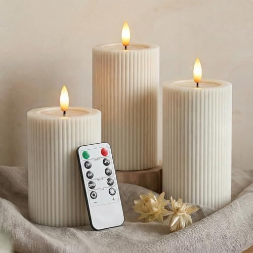 WYZworks Fluted Ribbed LED Pillar Candles, Cream Beige, with Real...