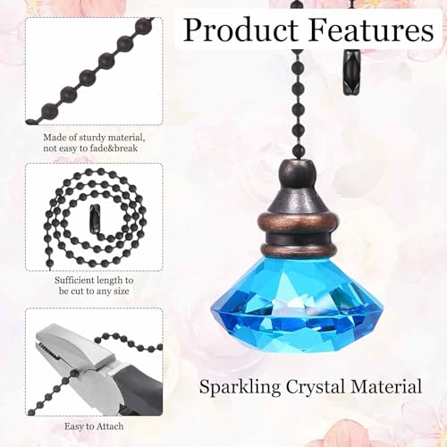 Image of MECCANIXITY 4Pack Ceiling Fan Pull Chain, 12 Inch Decorative Ornaments Diamond Pendant Pull Chain Extension for Ceiling Fans Light Lamp, Blue