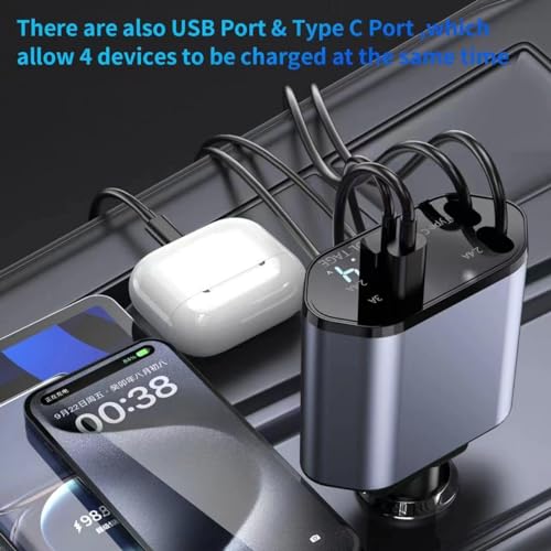 Image of 120W Fast Car Charger (2025 New Model) | Retractable 80CM Type-C Cable | 4-Port Universal Car Adapter for Smartphones & Tablets | Quick Charge Multi-Device Car Charger
