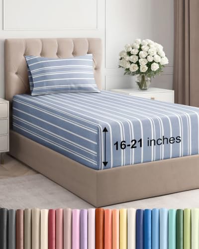 Image of Extra Deep Pocket Twin Size Sheet Set - Breathable & Cooling - Blue Stripes