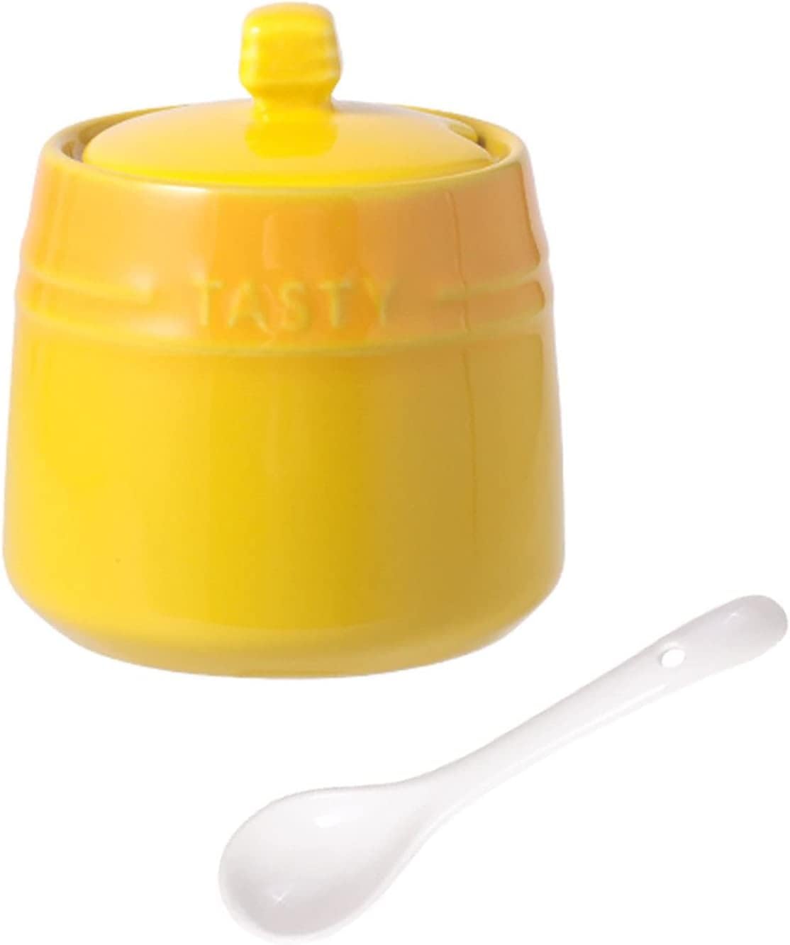 Sugar bowl,French Gradient Ceramic Pot with Lid, Solid Sugar Bowl with Spoon, Porcelain Spice Jar, Kitchen Decoration Storage-Red pot (Yellow)