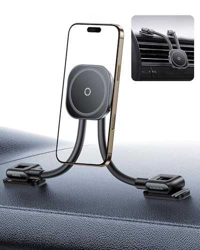 Baseus C03s Handyhalterung Auto Magnet, Magnetische Magsafe Handy Halterung Auto mit 2 Flexiblen Armen, Universeller Autotelefonhalter 20N Kompatibel mit iPhone Samsung