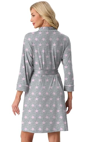 Image of PrinStory Womens Robe Knee Length Soft Knit Bathrobe S-2XL | V-Neck 3 /4 Sleeve Robes with Pockets, Lightweight, Breathable Bath Robe for Shower, Spa, Travel, Home, Party, Nursing