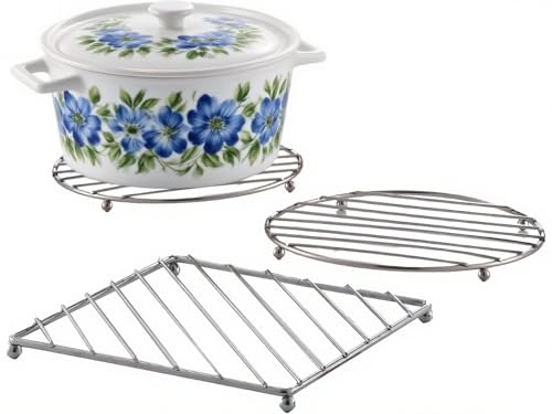 3-Pack Stainless Steel Trivets for Hot Pots and Pans – Metal Pot Holder Set for Kitchen Counter & Dining Table with Round & Square Designs, Compatible with All Stainless Steel Cookware Sets (Mixed)