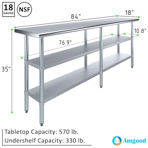 Image of AmGood Stainless Steel Work Table with 2 Shelves | NSF | Metal Utility Table (84 inch Long x 18 inch Deep)