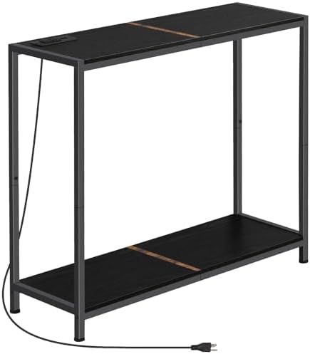 Skcoipsra 2 Tier Narrow Console Table, 33.9'' Sofa Table with Power Outlets and USB Ports, Industrial Entryway Table, Behind Couch Table for Living Room, Foyer, Hallway, Bedroom, Black