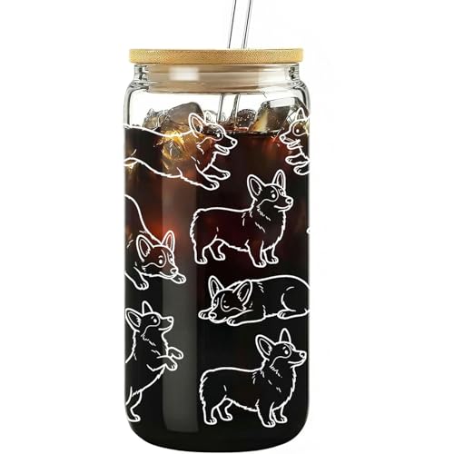 Caiibaoob Corgi Glass Cups for Dog Lovers - Funny Glasses for Iced Coffee,Tea,Beer