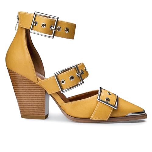 Migpuel Western Sandals for Women Chunky Wedge Heels Pointed Toe Pumps Ankle Strap Metal Buckle Strappy Heels Comfortable Fashion Casual Dress Shoes Banana,11