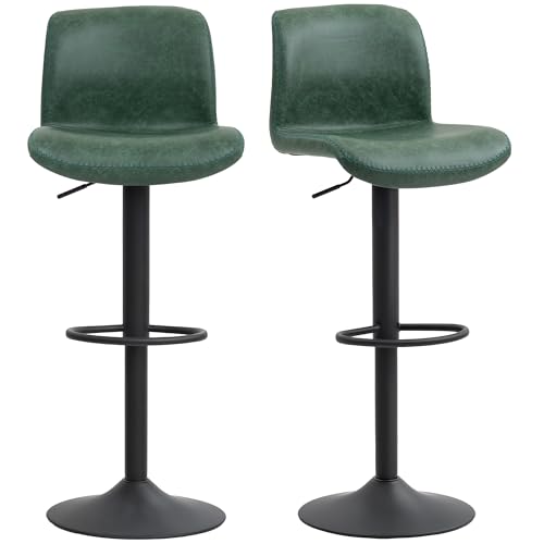 HOMCOM Bar Stools Set of 2, Height Adjustable Barstools with Backrest and Footrest, PU Leather Upholstered Dining Stools for Kitchen, Counter, Breakfast Bar, Green