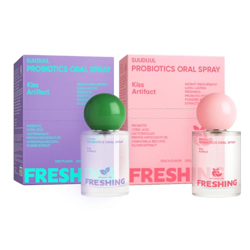 Probiotic Oral Spray Mint & Peach Flavor Combo Breath Spray with Prebiotics and Probiotics Long-Lasting Freshness Alcohol-Free Convenient Travel-Sized 25ml/0.85oz