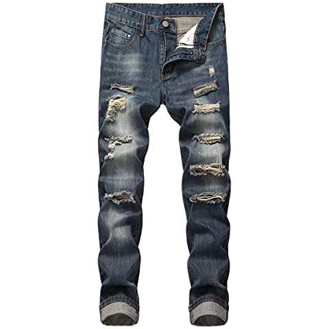 Enrica Men's Skinny Ripped Distressed Destroyed Straight Fit Denim Jeans (Dark Blue 305, 30) Cover