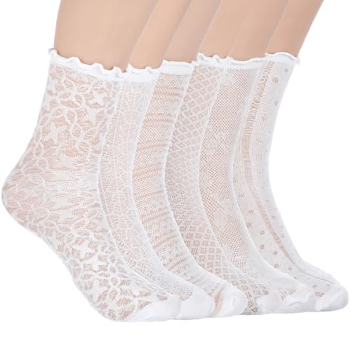 6 Pairs White Lace Socks Lace Ankle Socks Women Comfortable Cotton Sock Cute Breathable Thin Cool Sock Princess Lolita for Ladies Gril Wedding Engagament Party - Main Image