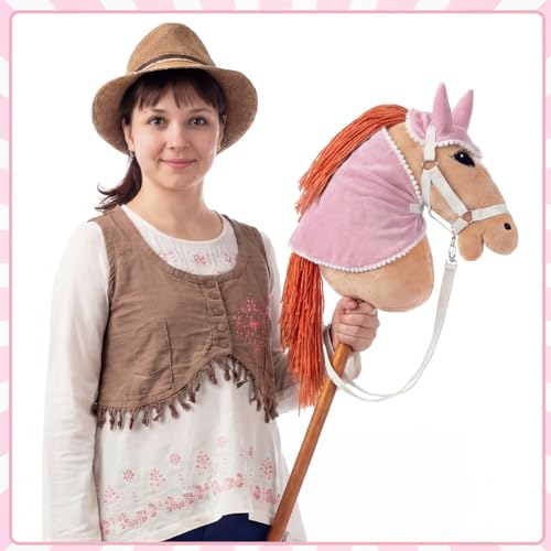Teyva Daily 9 Pcs DIY Hobby Horse Bridle Kit Include Horses Ear Bonnet Blanket Halter Sugar Cubes Red Green Apples Carrots Brush Saddle Belt Equestrian Enthusiast Gift, Hobby Horse Not Include(Pink)