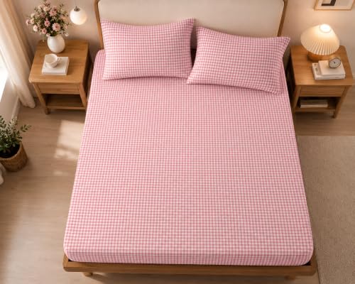 Image of Cotton Feel Glace Cotton Queen Size Elastic Fitted Bedsheet with 2 Pillow Covers (78 x 60 Inches, Pink Checks)