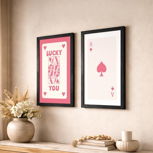 Image of NoWorries Playing Cards Wall Art Framed Painting | Lucky You Typography & Ace of Spades Card Art Prints | Minimal Pink Aesthetic Posters Frames | Premium 300 GSM Paper Print with Synthetic Wooden Frame | Modern Wall Decor for Living Room, Bedroom and Office (Set of 2) (BLACK, ART-7, 13X19INCHES)