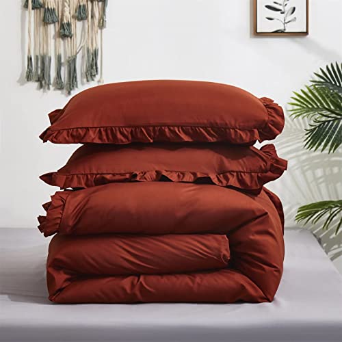 Houseri Burnt Orange Comforter Set Queen Ruffled Boho Comforter Rust Red Bedding Sets Girls Caramel Shabby Chic Queen Size Comforter Ruffled Fringe Farmhouse Terracotta Queen Comforter Set With Skirt #TOP4