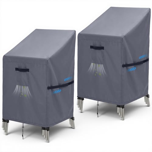 GARPROVM Garden Chair Covers Waterproof 2 Pack, Outdoor Chair Covers Oxford Fabric With Vent Strap Handle Buckle Drawstring, Patio Chair Covers Windproof for Stacking chairs (Grey, 70x70x80/120cm)