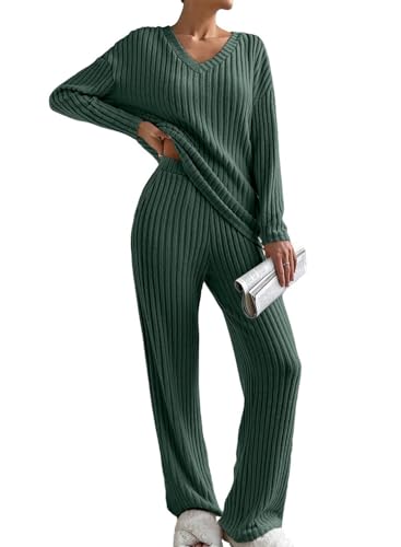 SHEWIN Women's Pajama Sets Ribbed Knit 2 Piece Lounge Sets