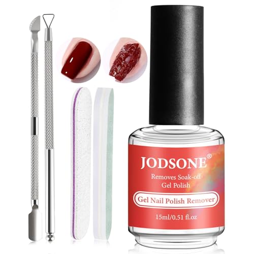 JODSONE Removedor de esmalte de uñas en gel 15ml – no requiere remojo ni envoltura – para una eliminación rápida y fácil en casa con un empujador de cutículas y una lima de uñas.