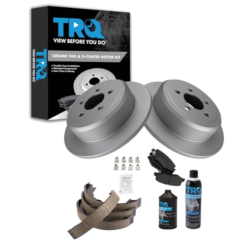 Image of TRQ Rear Brake Pad & Rotor Kit, with Chemical Kit Parking Brake Shoe Set Ceramic Premium G-Coated Compatible with 2007-2011 Dodge Nitro 2008-2012 Jeep Liberty
